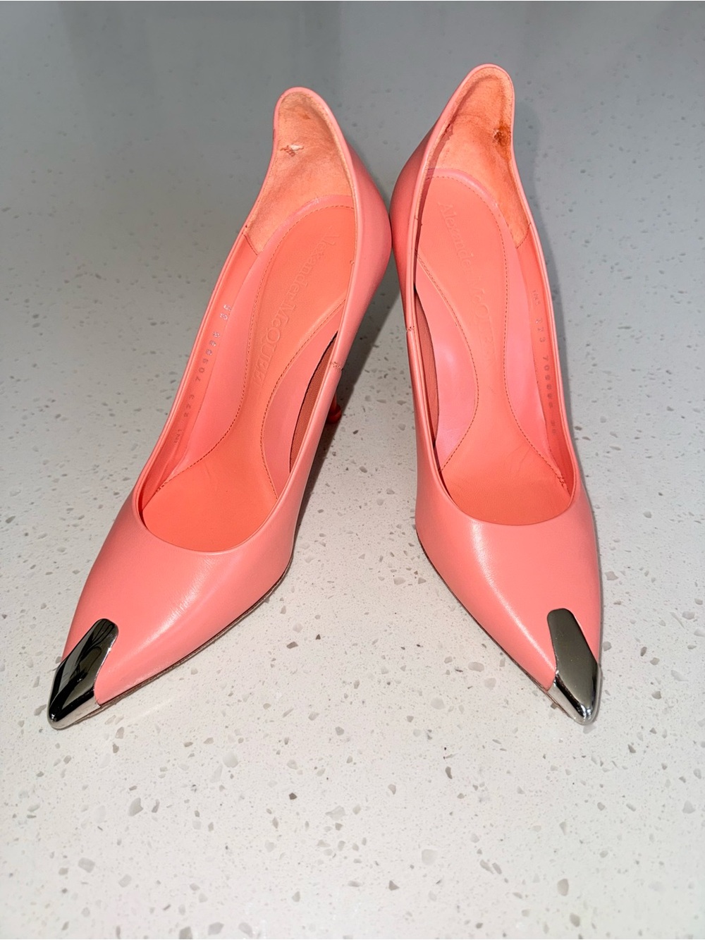 Alexander McQueen Coral Pink Pointed-Toe Pumps with Silver Metal Tip - Picture 1 of 14